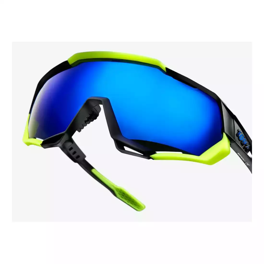 100% SPEEDTRAP Cycling UV Sunglasses BLACK/NEON YELLOW BLUE MIRROR LENS 