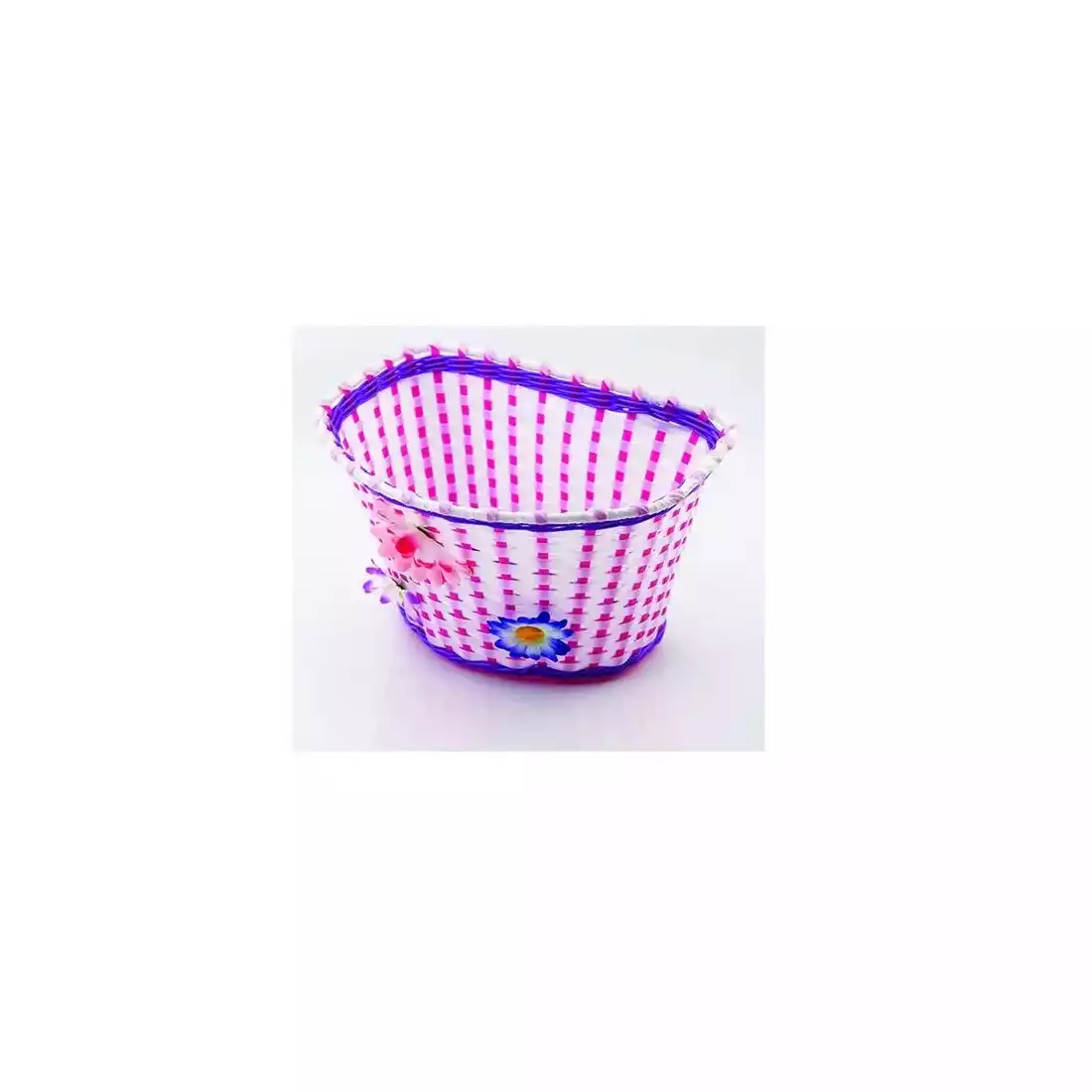 children's bicycle basket on the handlebar, pink-flowers