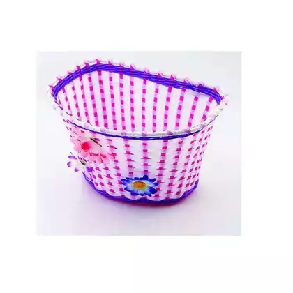 children's bicycle basket on the handlebar, pink flowers