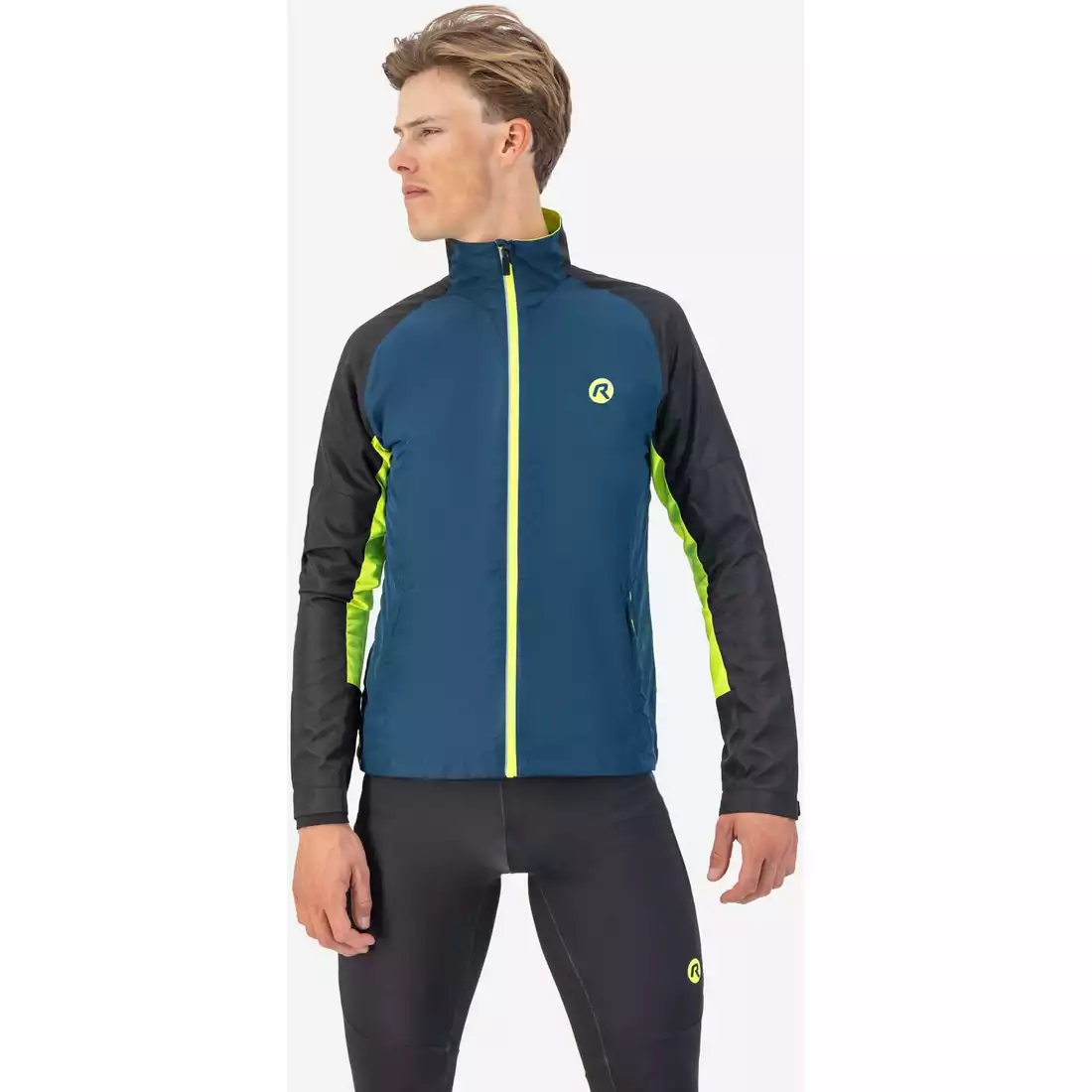 Rogelli ENJOY II men's jacket, windbreaker for running, navy blue-black-fluoro yellow
