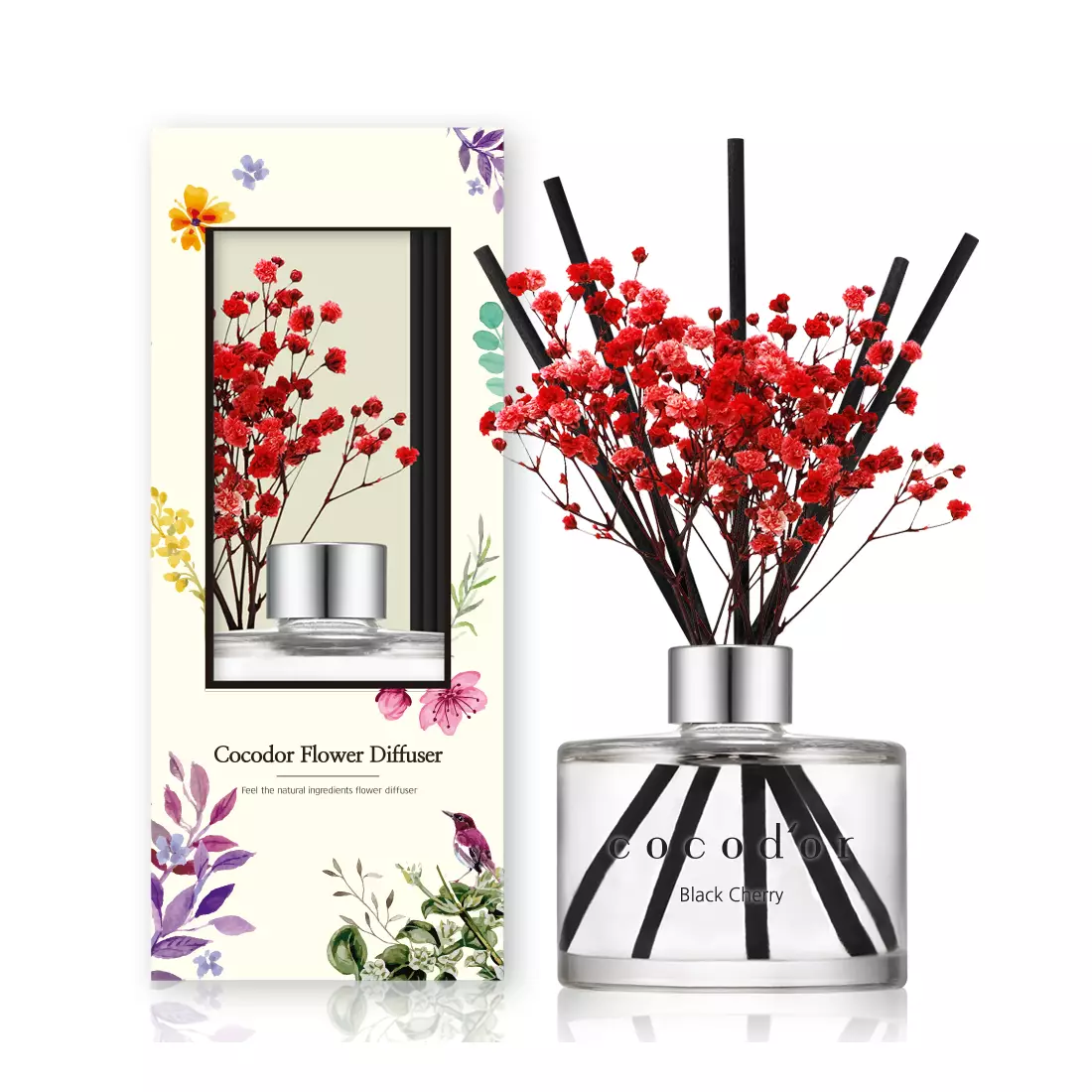 COCODOR aroma diffuser with sticks and flowers, black cherry 120 ml